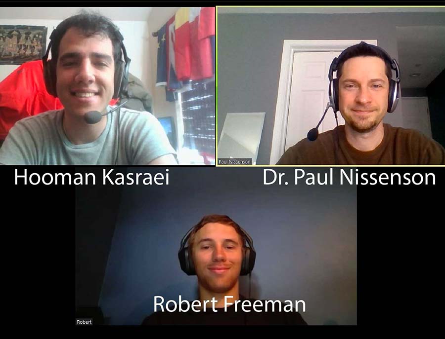 Paul Nissenson (right), interviewing College of Engineering students Hooman Kasraei (left) and Robert Freeman (bottom) after the campus moved to teaching all its classes remotely or virtually for the remainder of the spring semester.