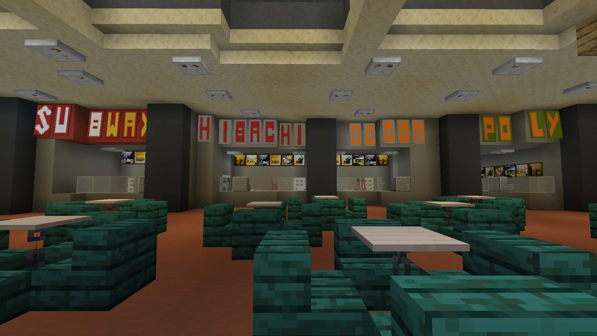 A recreation of a Cal Poly Pomona food court in Minecraft. Food court signage: Subway, Hibachi, Qdoba and Poly.