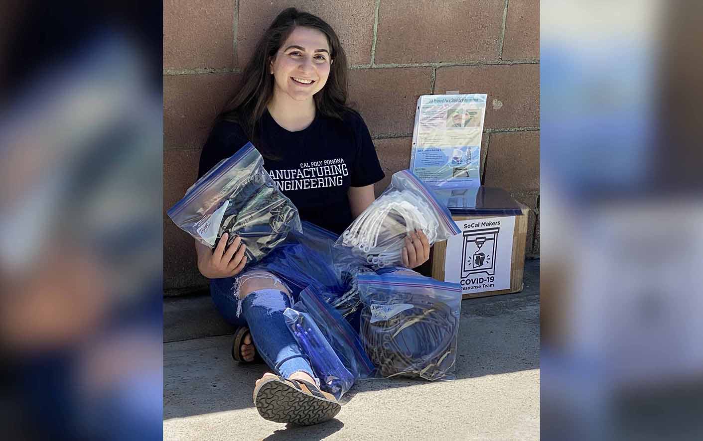 Pauline Tasci ('19, manufacturing engineering), with the PPE materials produced for healthcare providers.