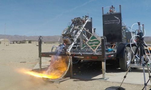 A static test fire of a liquid rocket engine from Cal Poly Pomona's Liquid Rocket Lab.