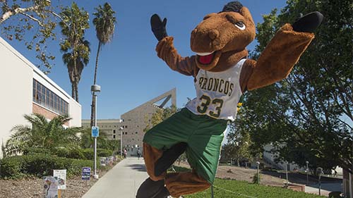Billy Bronco clicking his heels in from of CPP Engineering's building 9. Billy's jersey reads Bronco 33.