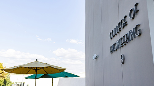 The side of building 9 at CPP. Signange on side of buildnig 9 reads College of Engineering 9.