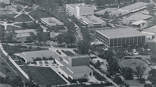 A black and white aerial photo of CPP.