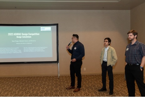  ME students Kevin Le, Mustafa Guner, and Sean Fergus (left to right) presenting their winning design to the ASHRAE southern calif. meeting spring 2022