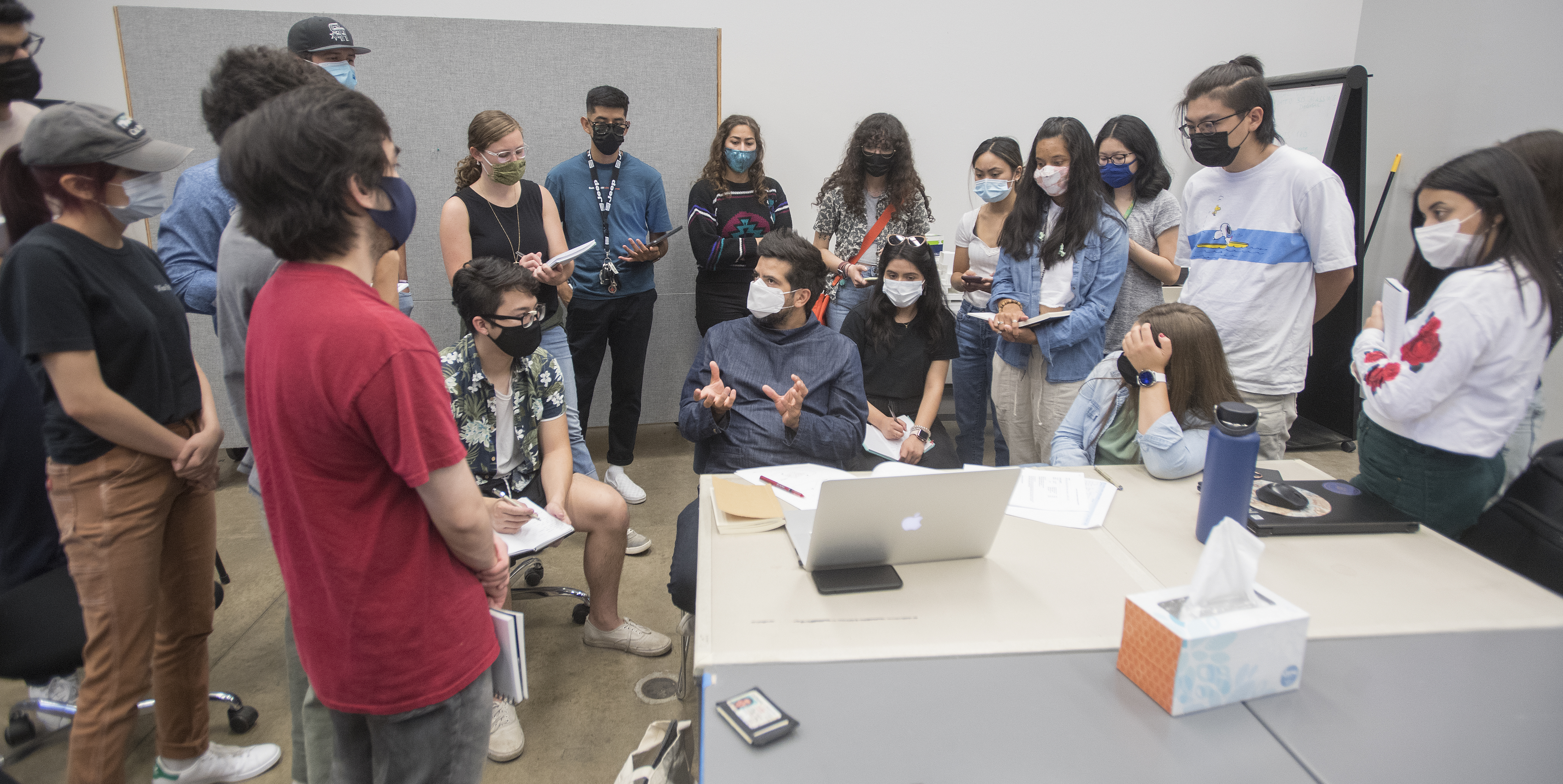 Anton Schneider talks with his students in ARC 3011 studio on the first day of classes at Cal Poly Pomona August 19, 2021.