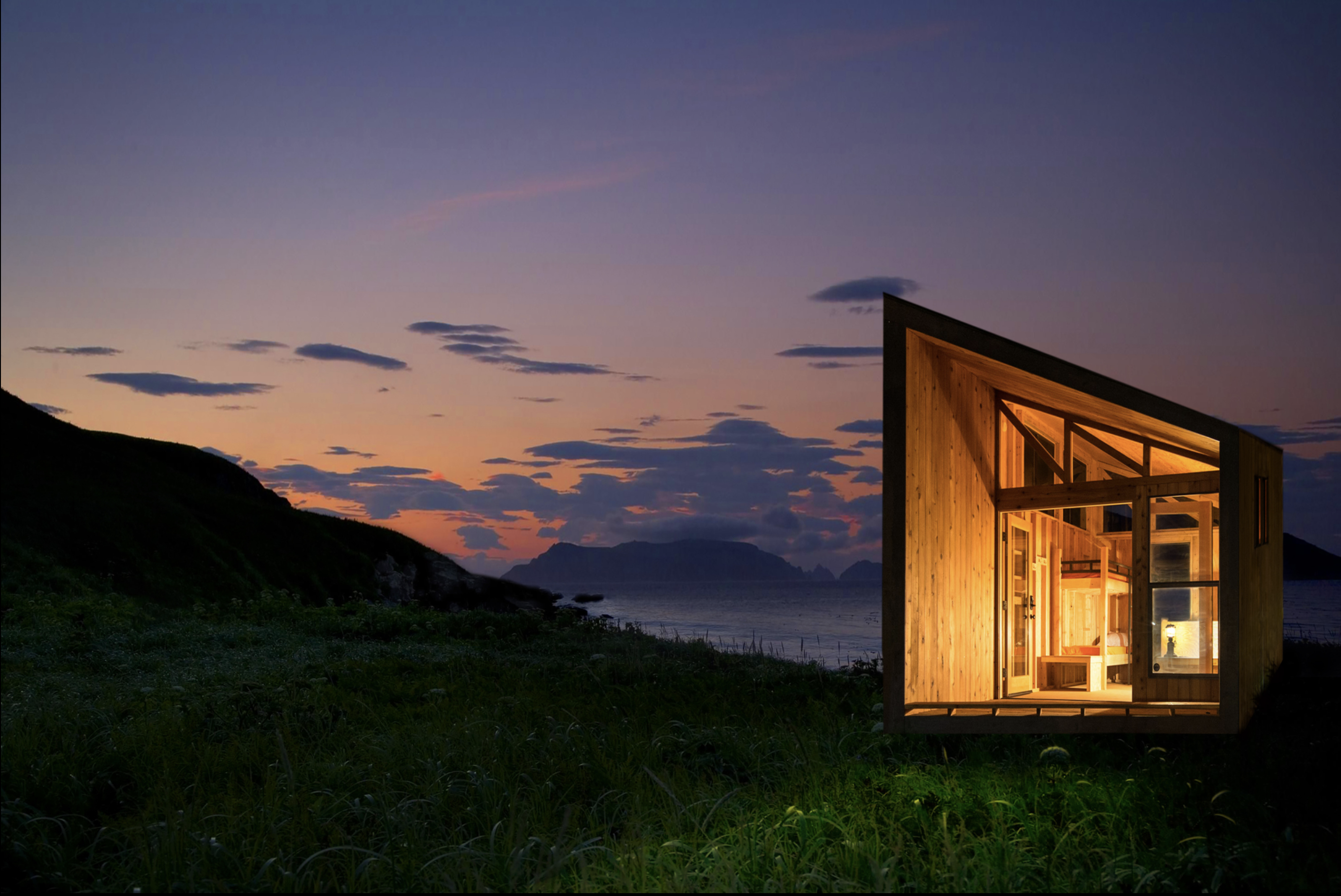 Wedge cabin at dusk