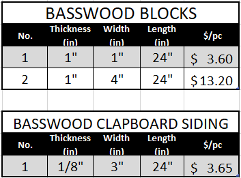 List of basswood blocks and clapboard siding.