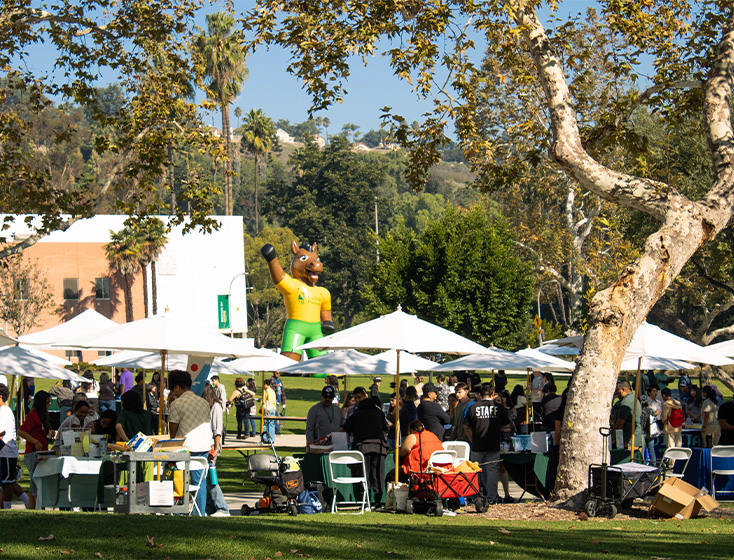 A scenic landscape of the Explore CPP resource fair with a large inflatable Billy in the background.