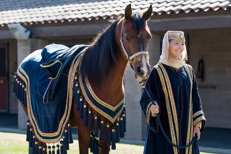 An Arabian horse and horse rider dressed in traditional clothing smile to the audience at a horse show