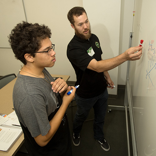 A male student and tutor work out a problem on a white board. 