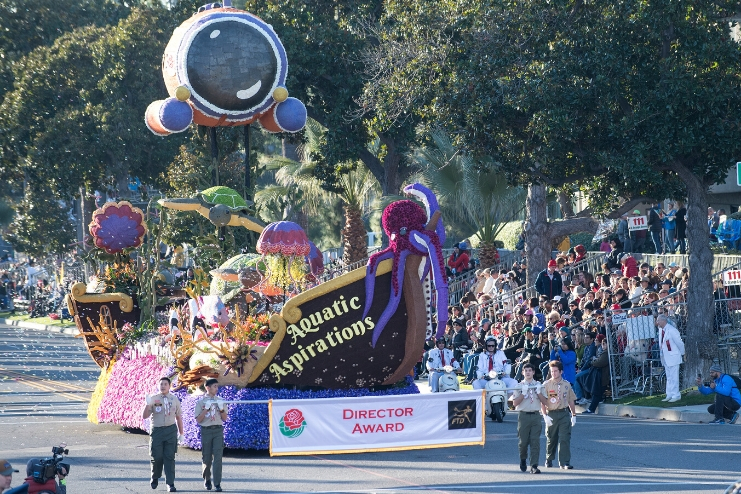 The 2020 Rose Float strolls down Colorado Blvd