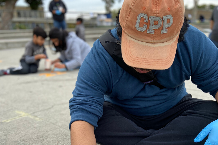 A volunteer plants seeds during an event