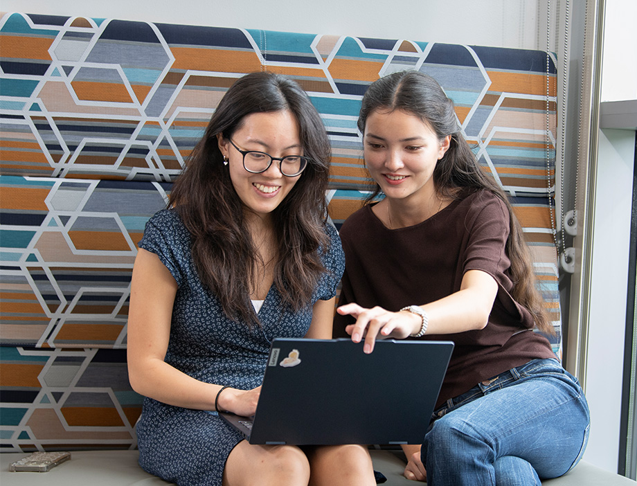 Two students sitting next to each other looking at a laptop