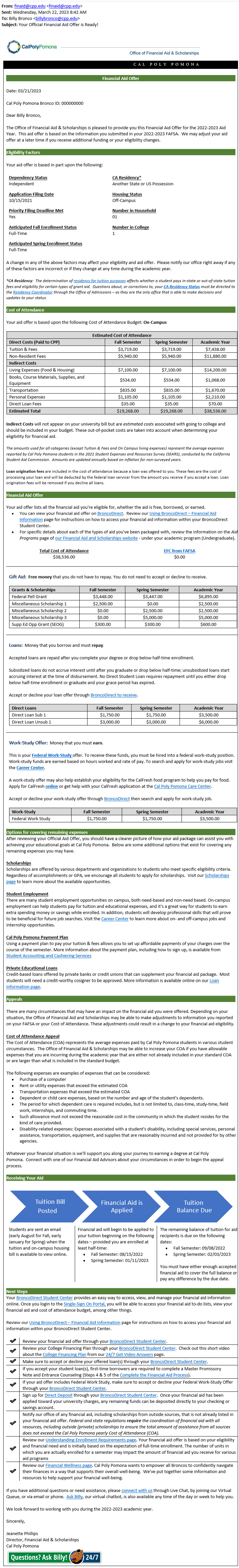 image of aid offer notification for non-california resident