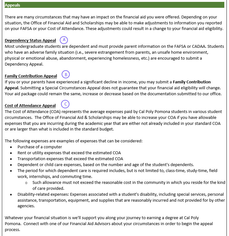 image of Appeals section from Aid Offer notification. The three types of appeals that may display to a student are numbered - Dependency Status, Family Contribution, and Cost of Attendance.