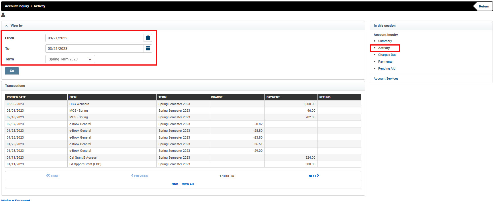 image of account inquiry activity screen in broncodirect