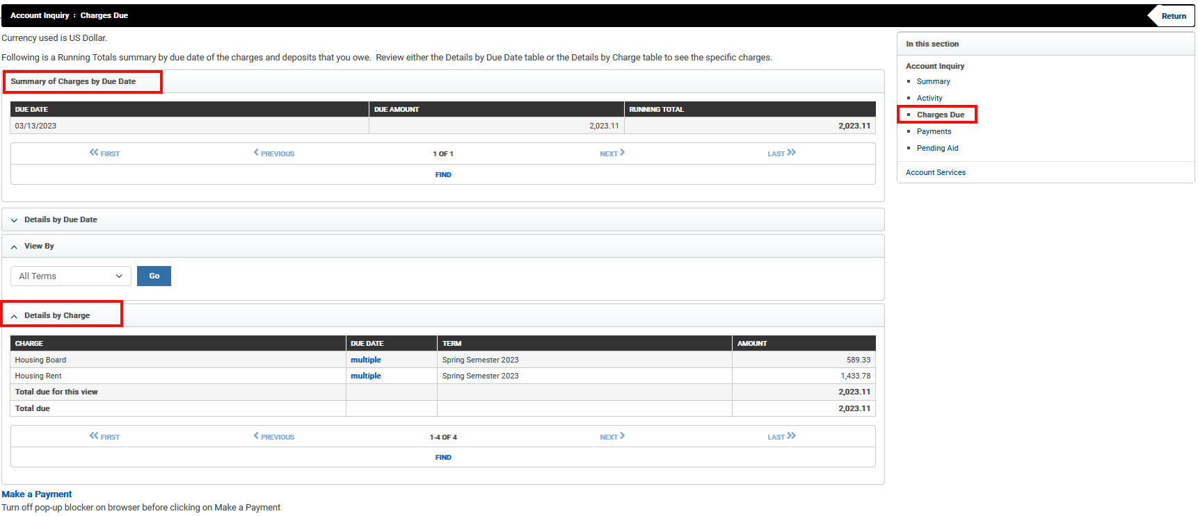 image of broncodirect account inquiry charges due screen