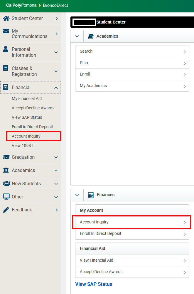 image of broncodirect student center with navigation options for account inquiry