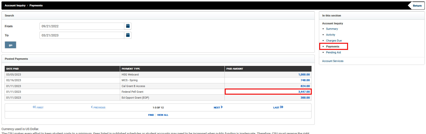 image of account inquiry payments screen from broncodirect - with pell grant amount hyperlink highlighted