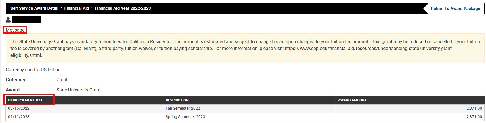image of award detail screen with message box and disbursement box highlighted