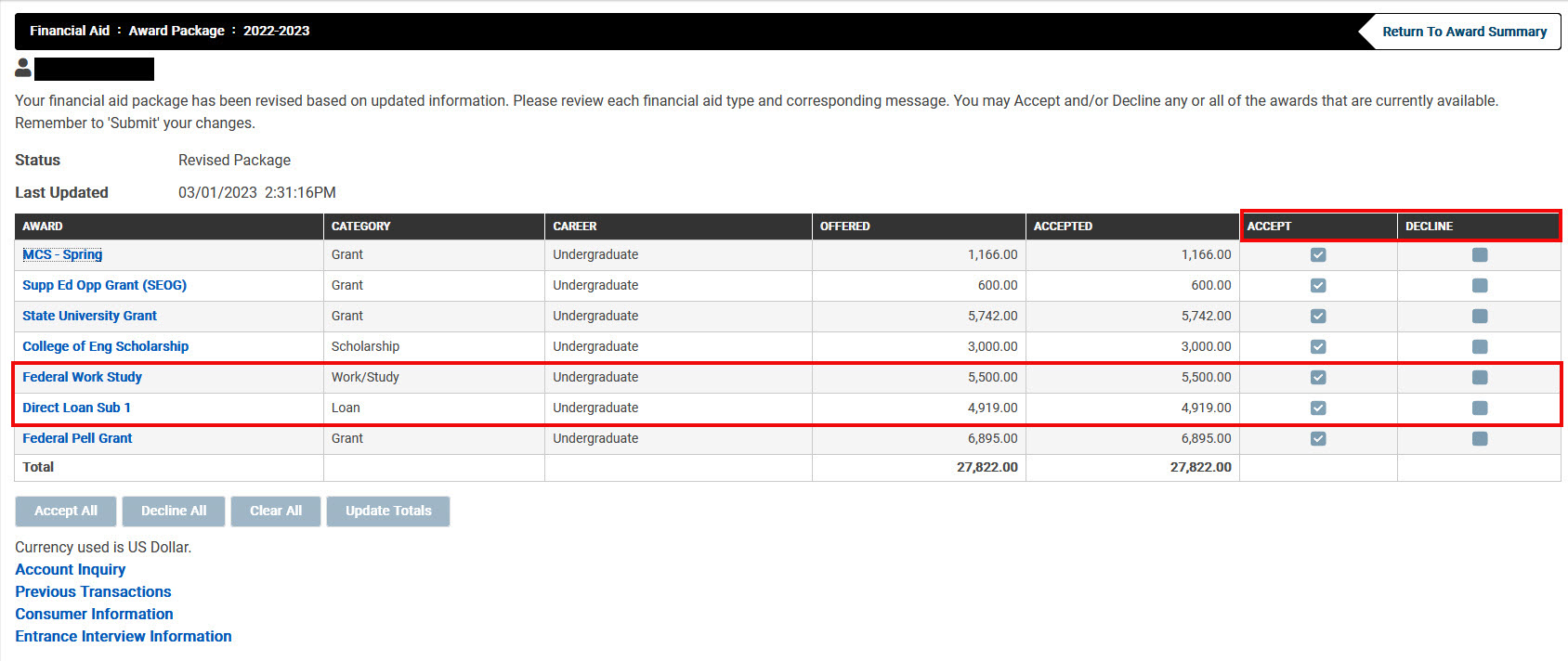 image of award package accept decline screen with federal work study and direct loan highlighted