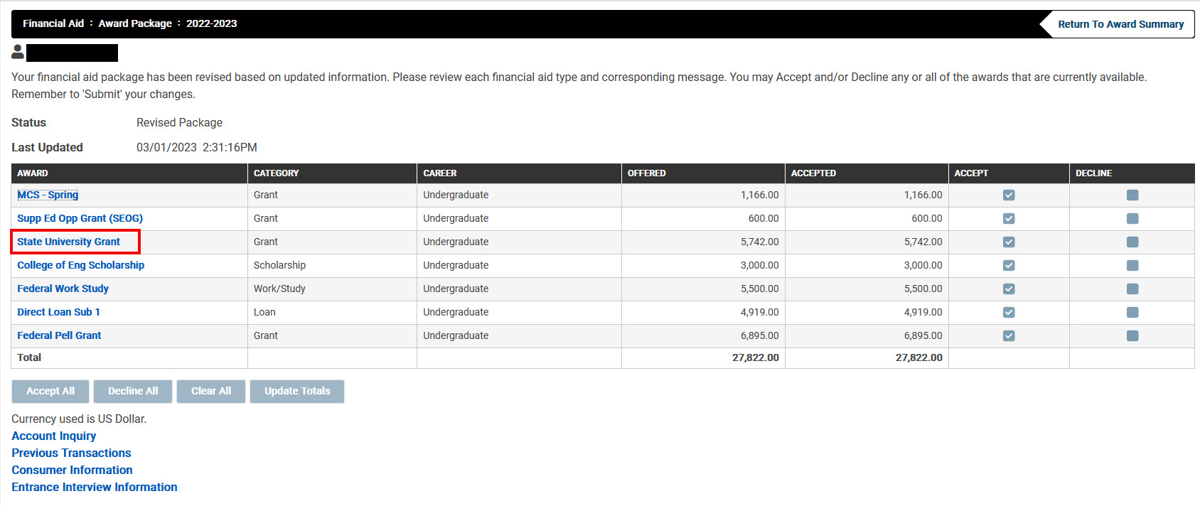 image of award package screen with SUG item highlighted