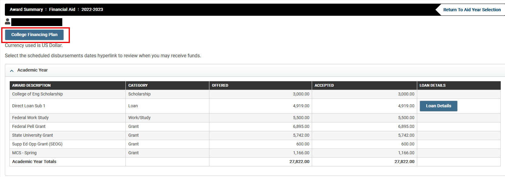 image of award summary screen in broncodirect -with the College Financing Plan button highlighted