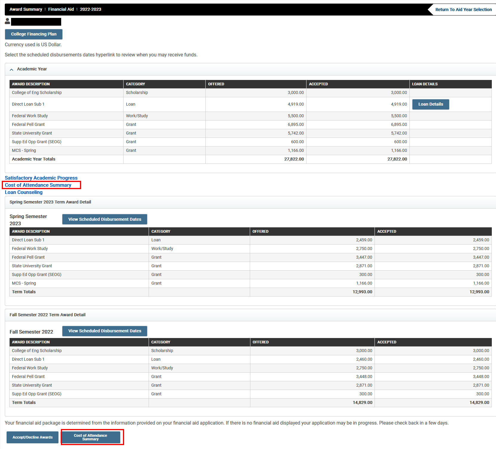 image of Award Summary on BroncoDirect with the Cost of Attendance links highlighted