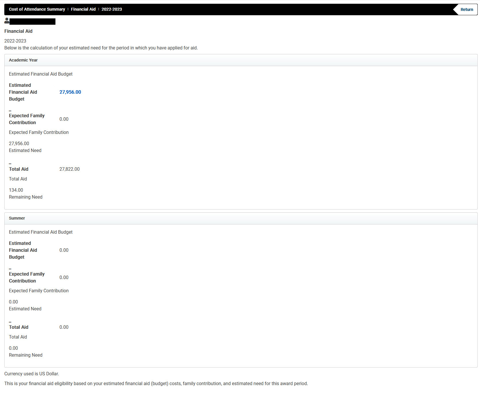 image of Cost of Attendance Budget Summary screen in BroncoDirect