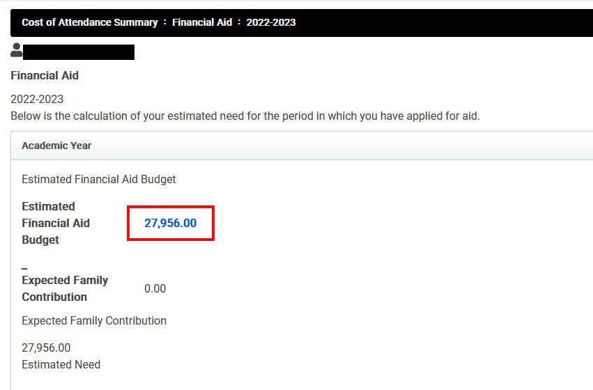 image of Cost of Attendance Summary page with the budget hyperlink highlighted