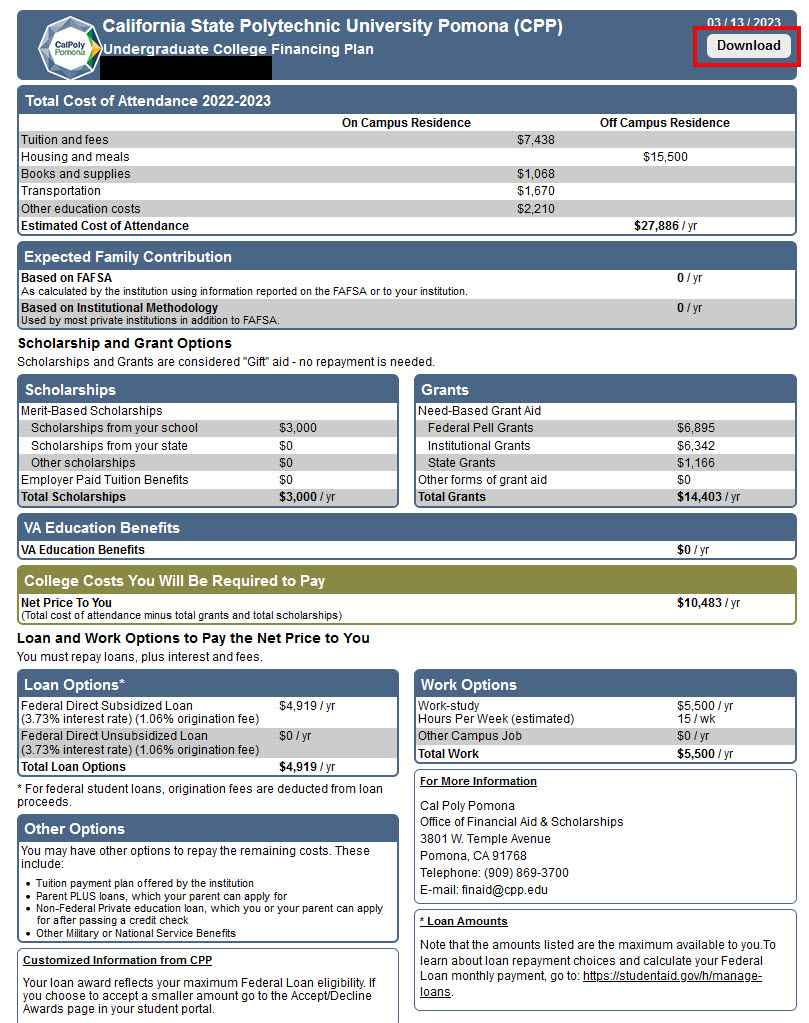 image of college financning plan with the Download button highlighted