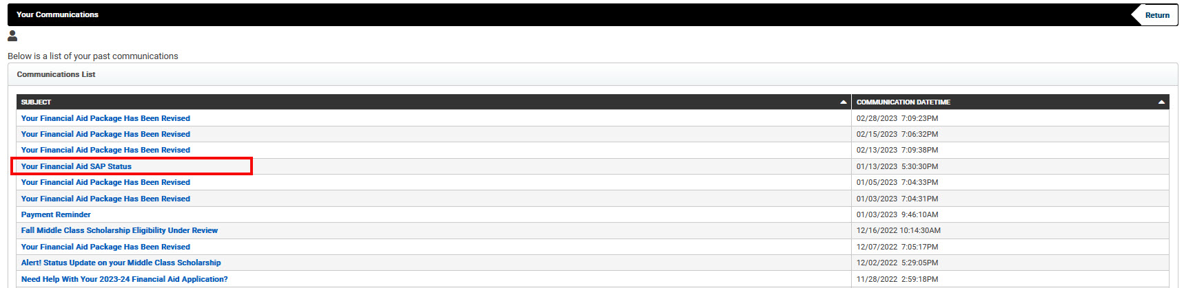 image of communications listing page with the SAP Status communication highlighted