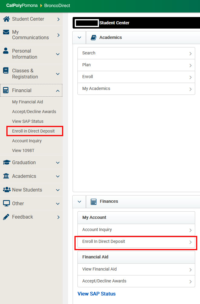 image of broncodirect student center with enroll in direct deposit navigation options highlighted