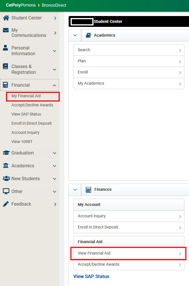 image of BroncoDirect Student Center with View Financial Aid options highlighted