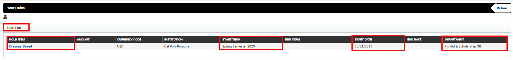 image of holds screen with Hold Item, Start Term, Start Date, and Department highlighted