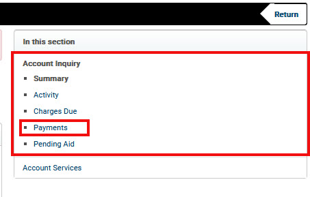 image of account inquiry navigation box with Payments option highlighted