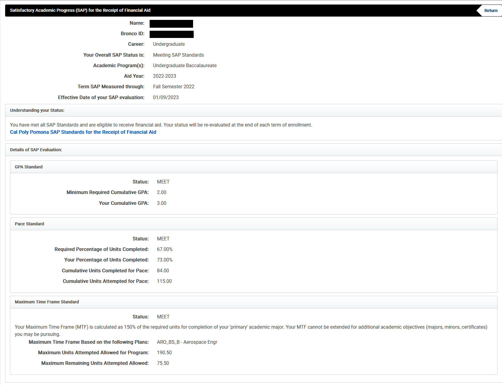 image of BroncoDirect SAP Status screen