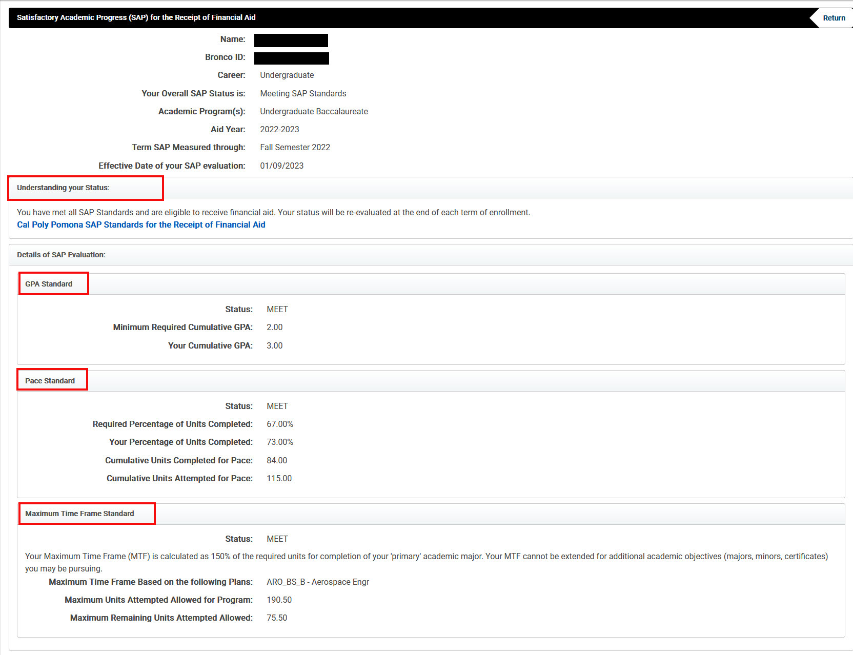 image of SAP Status screen with the various sections for Understanding Your Status, Details of Evaluation and GPA, Pace, and Maximum Timeframe highlishted