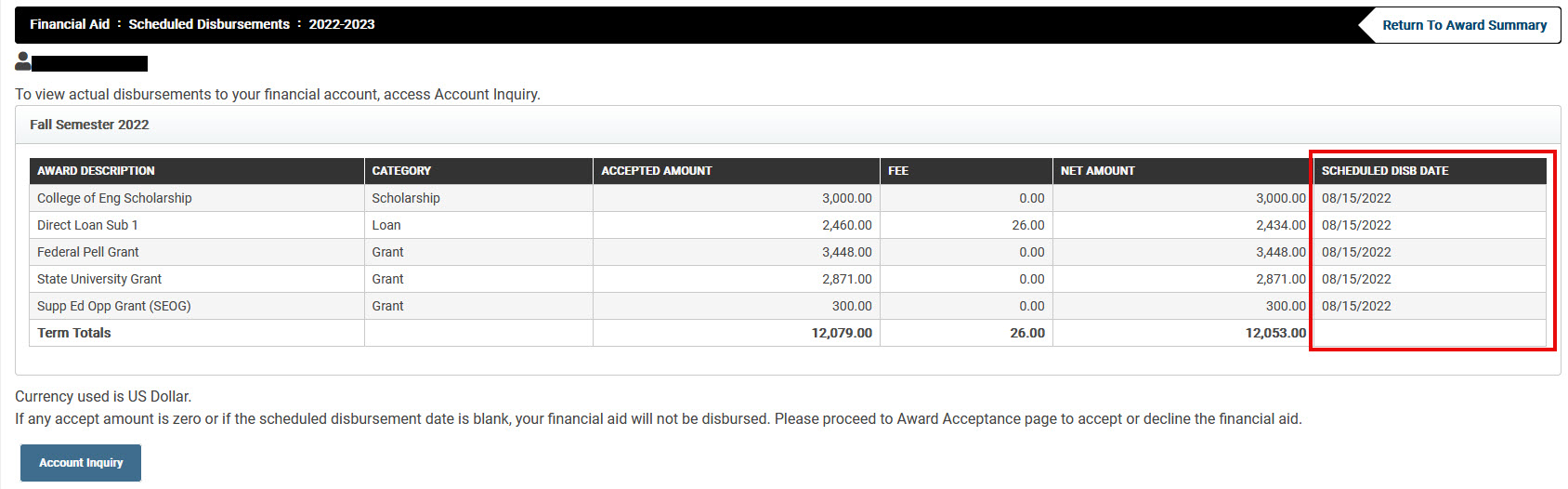 image of scheduled disbursement dates screen.  The column showing the scheduled date is highlighted.