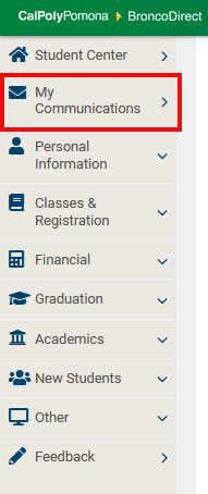 image of left navigation bar from BroncoDirect with Communications highlighted