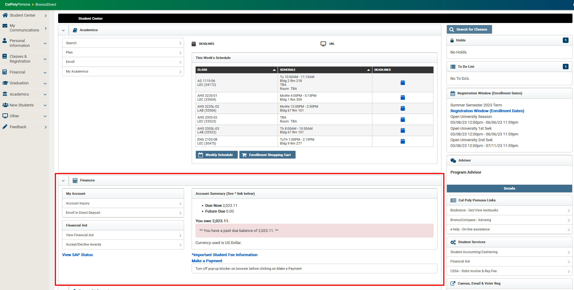 image of broncodirect student center with the Finances section highlighted