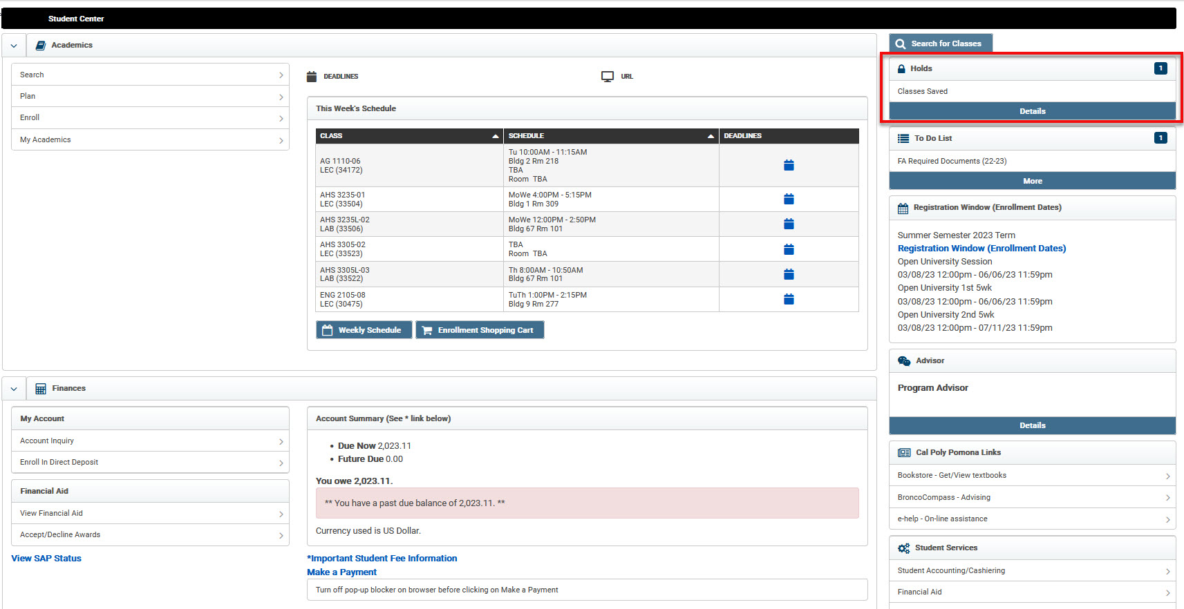 image of broncodirect student center home page with holds section highlighted