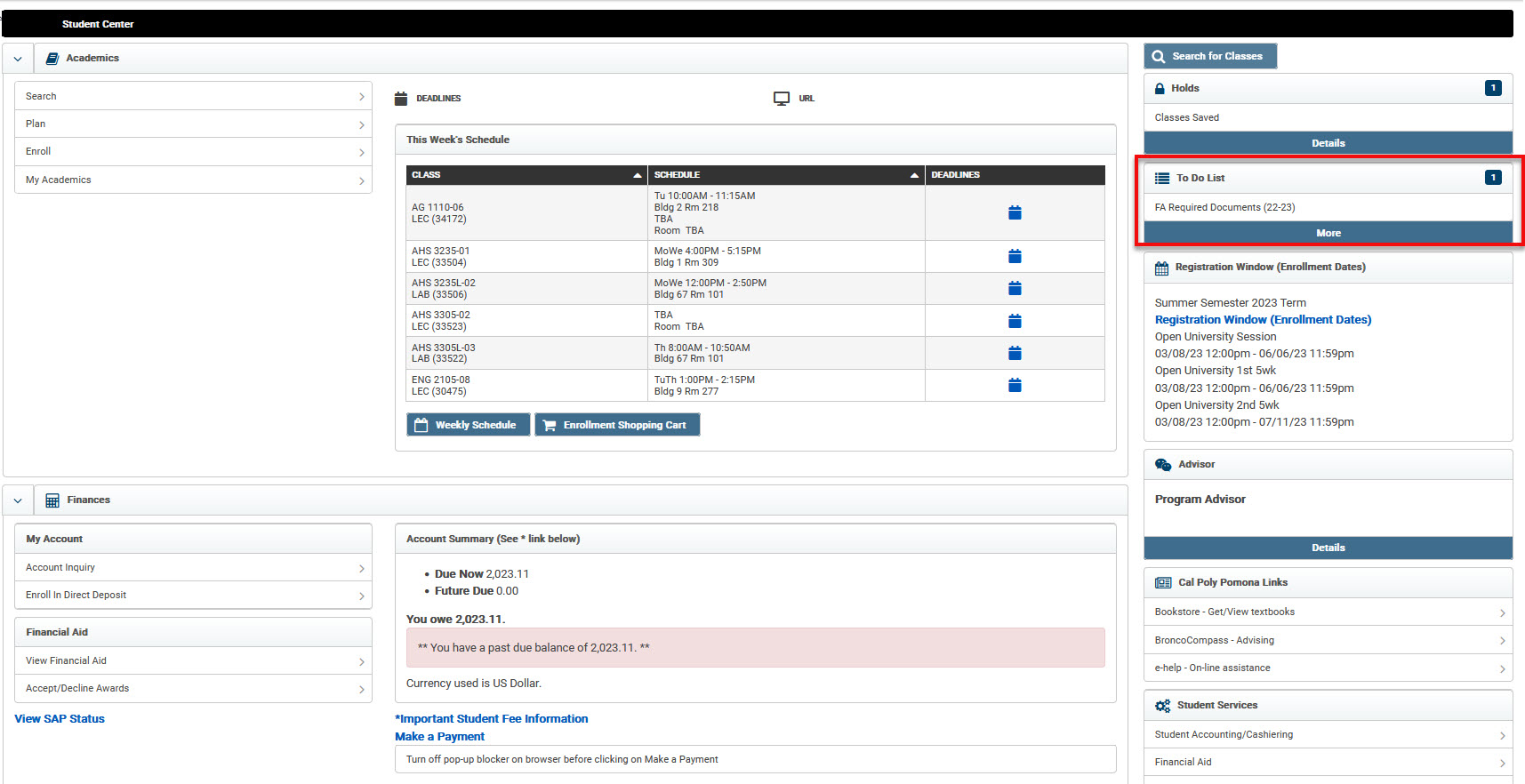 image of BroncoDirect Student Center landing page with the To Do List box highlighted