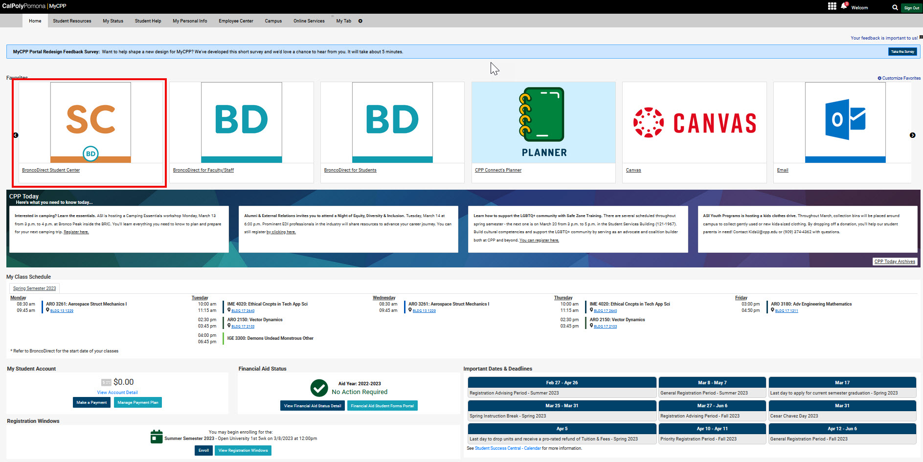 image of MyCPP Dashboard showing tiles at top, news section (CPP Today), and My Class Schedule.