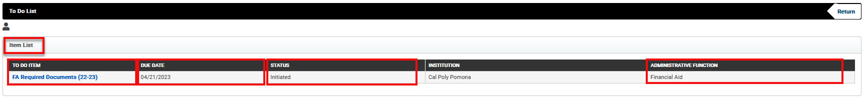 To Do List screen with Item List, To Do Item, Due Date, Status, and Administrative Function Highlighted