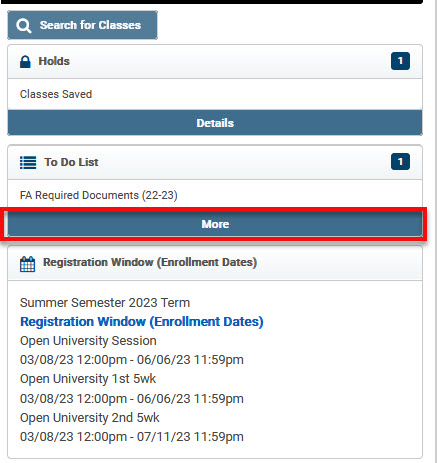 image of to do list box on broncodirect student center - with the more button highlighted