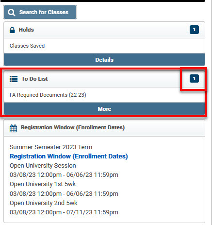 image of To Do List Box on BroncoDirect Student Center with the number of items highlighted