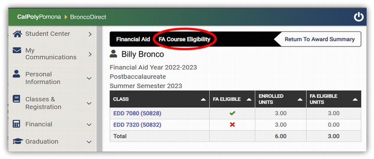 Image of the FA Course Eligibility screen from BroncoDirect. Table displays information on enrollment, financial aid eligibility for each course, and the overall enrolled units for the term.