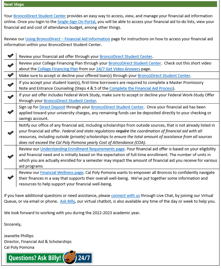 image of Next Steps section from the aid offer notification. 