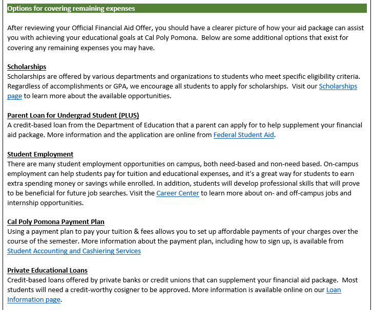 image of Options for covering remaining expenses section of Aid Offer Notification communication.